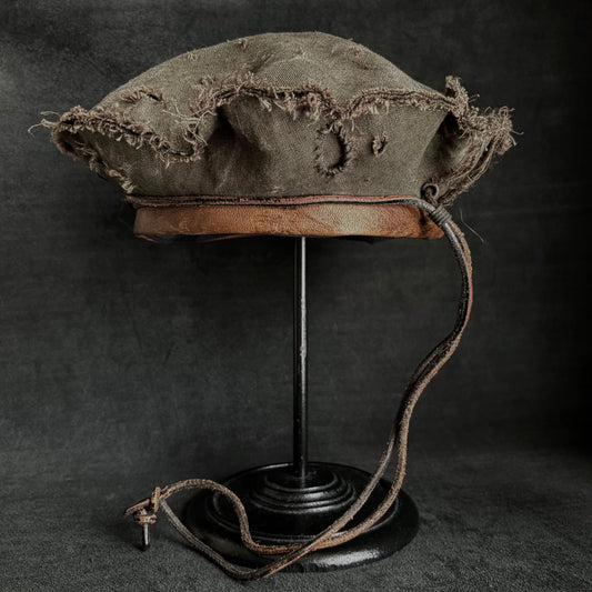 Damage khaki linen leather strap beret