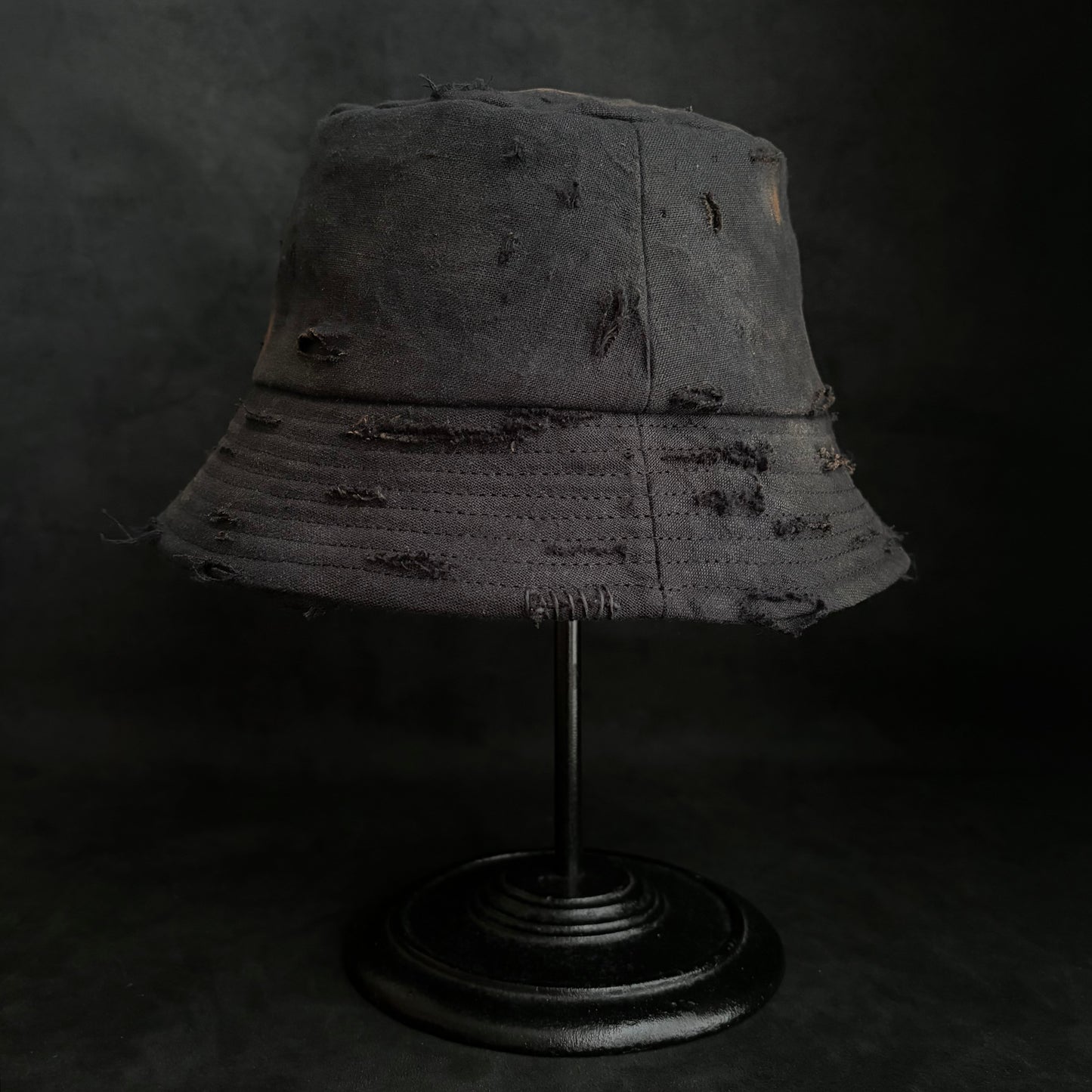 Black linen burned bucket hat