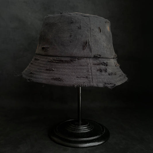 Black linen burned bucket hat