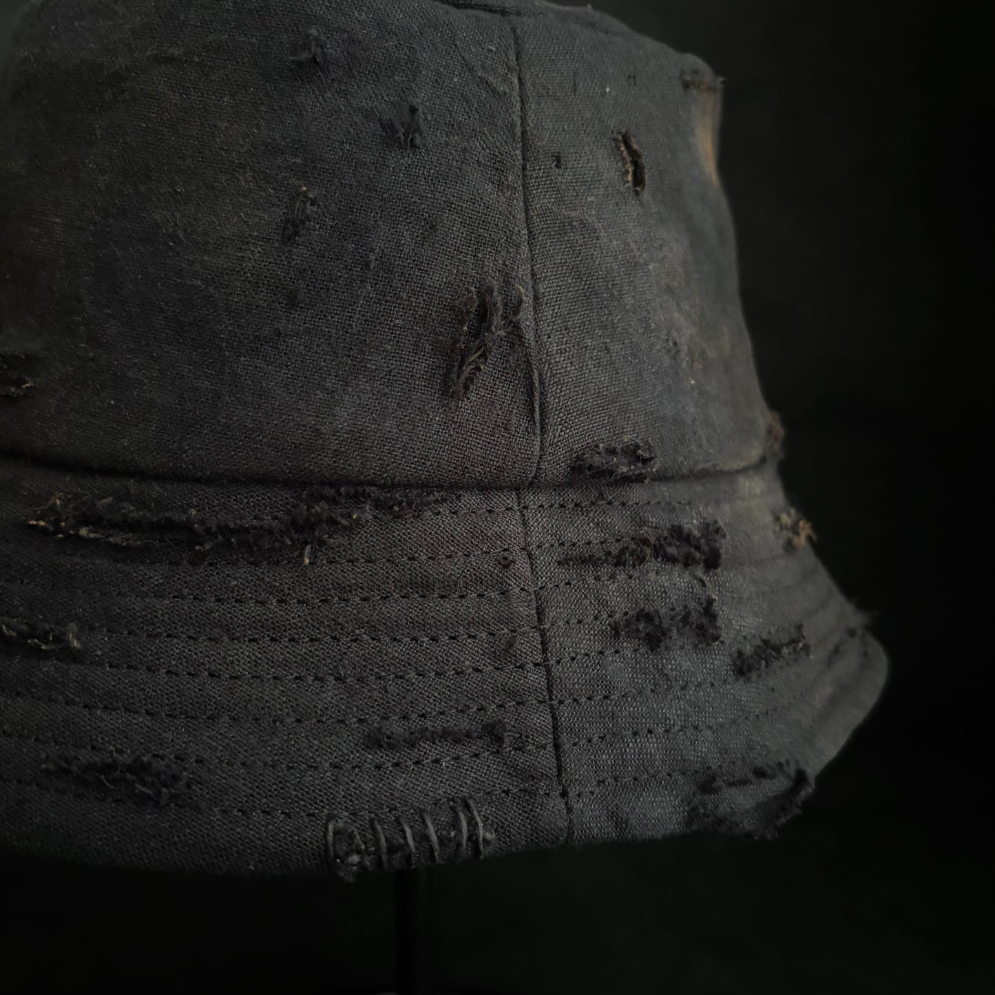 Black linen burned bucket hat