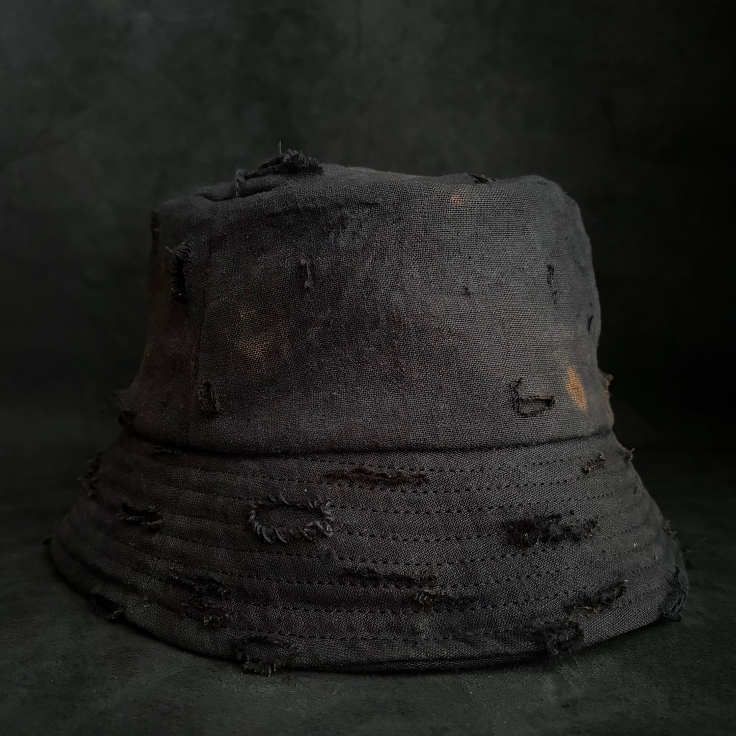 Black linen burned bucket hat