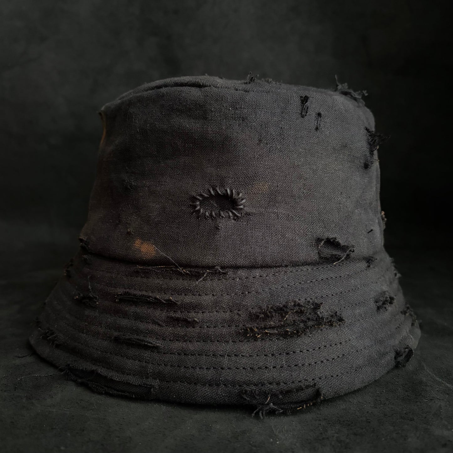 Black linen burned bucket hat