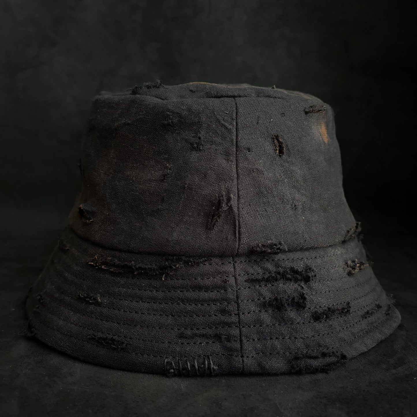 Black linen burned bucket hat