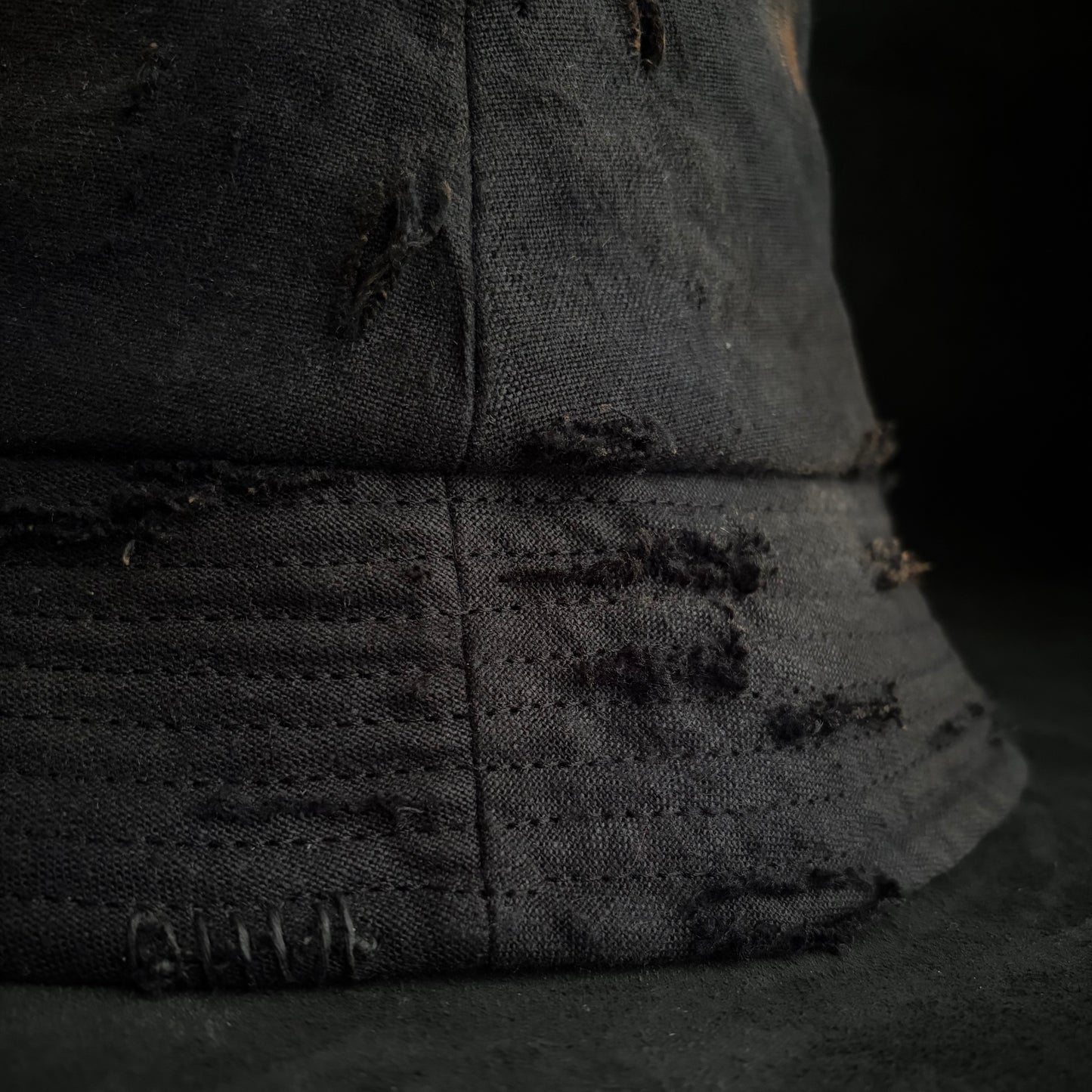 Black linen burned bucket hat