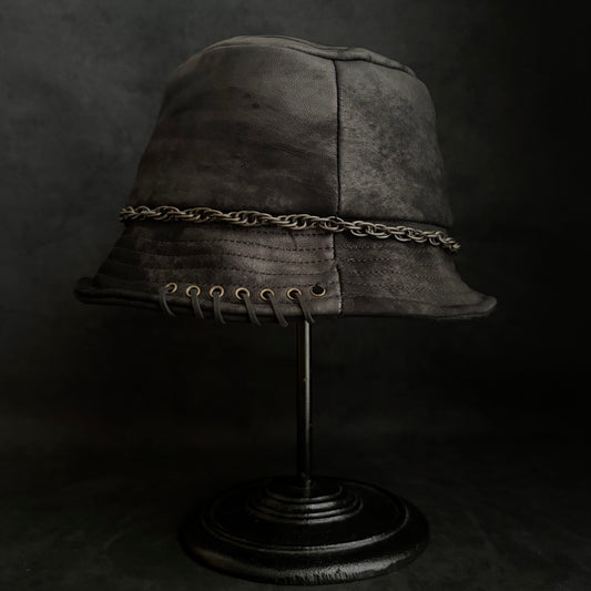 Scraped black leather chain bucket hat