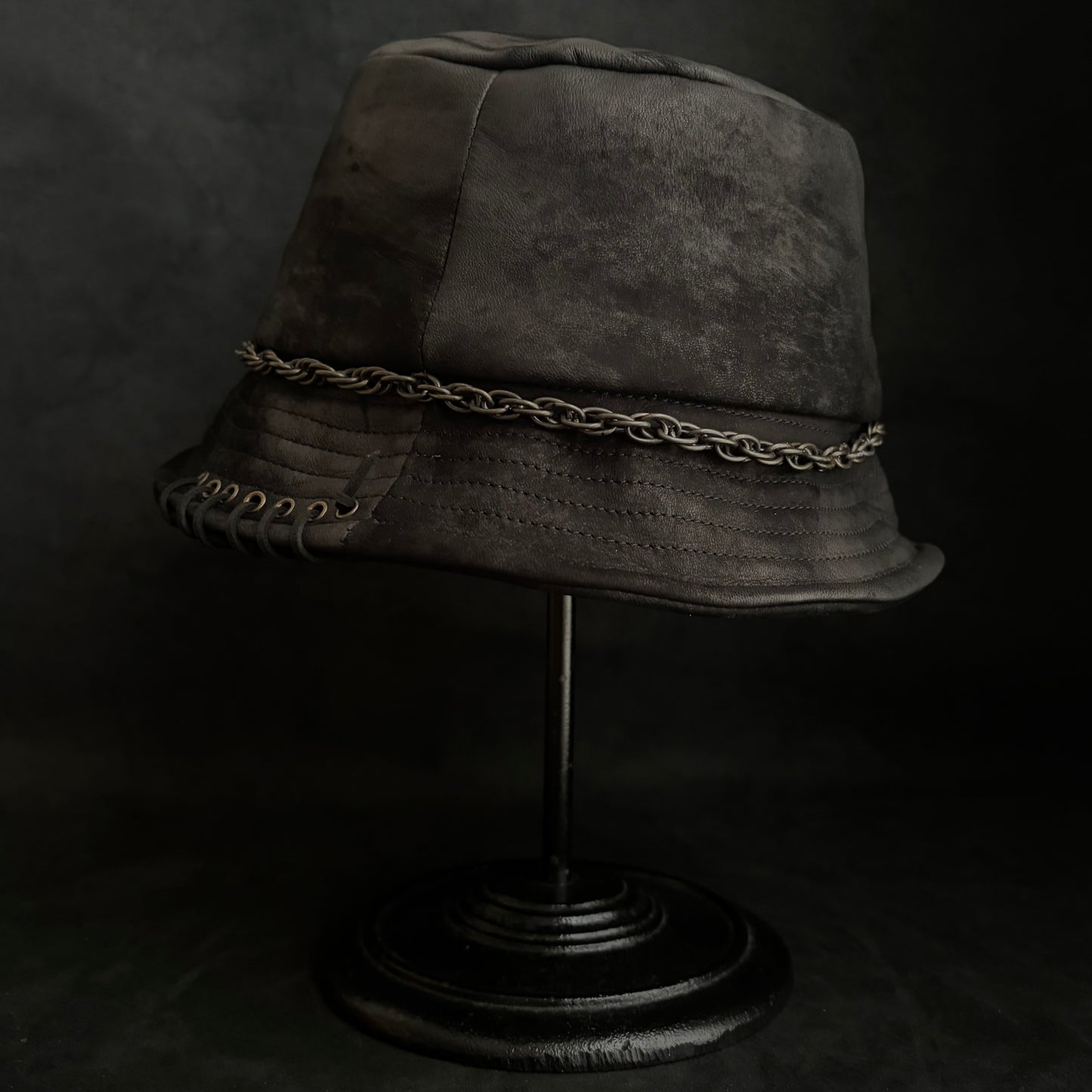 Scraped black leather chain bucket hat