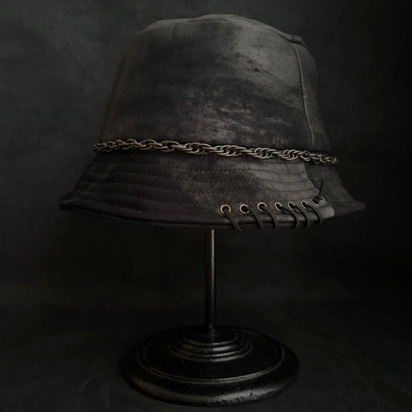 Scraped black leather chain bucket hat