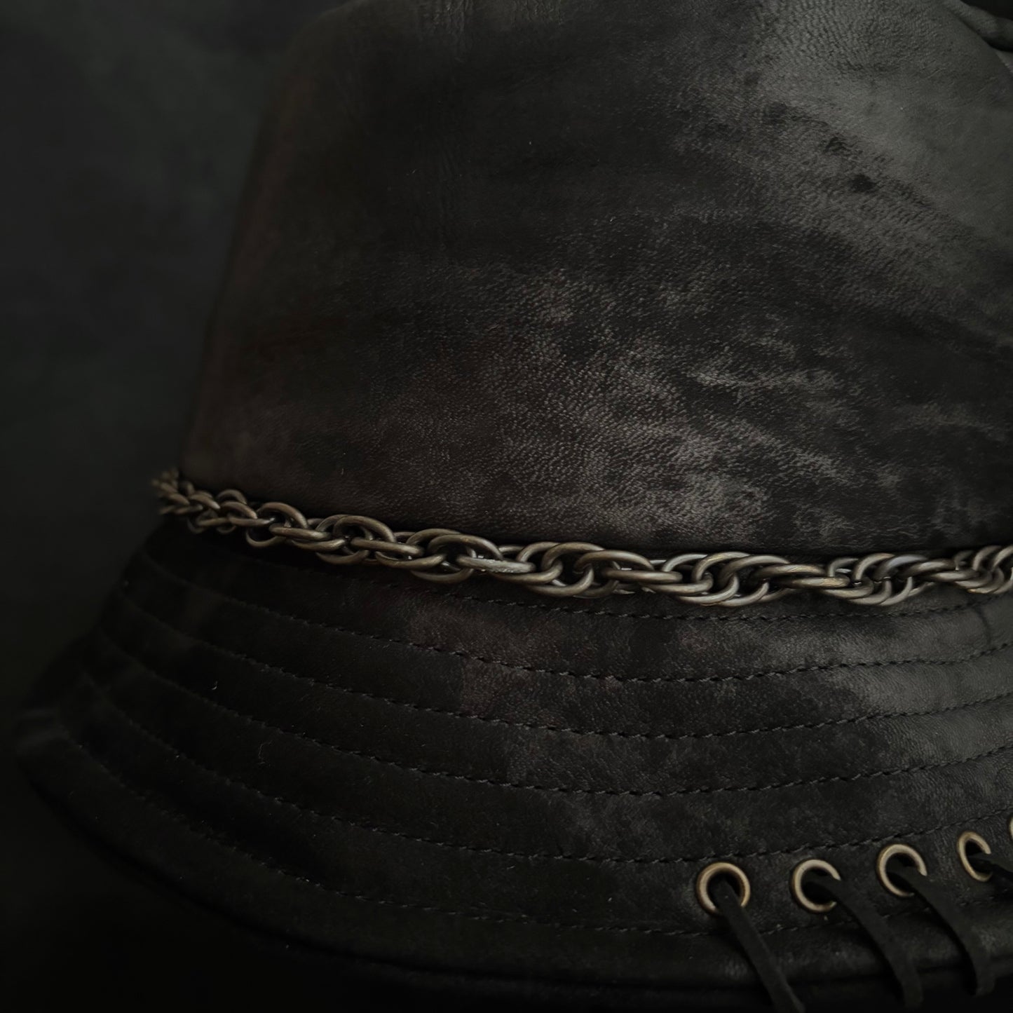 Scraped black leather chain bucket hat