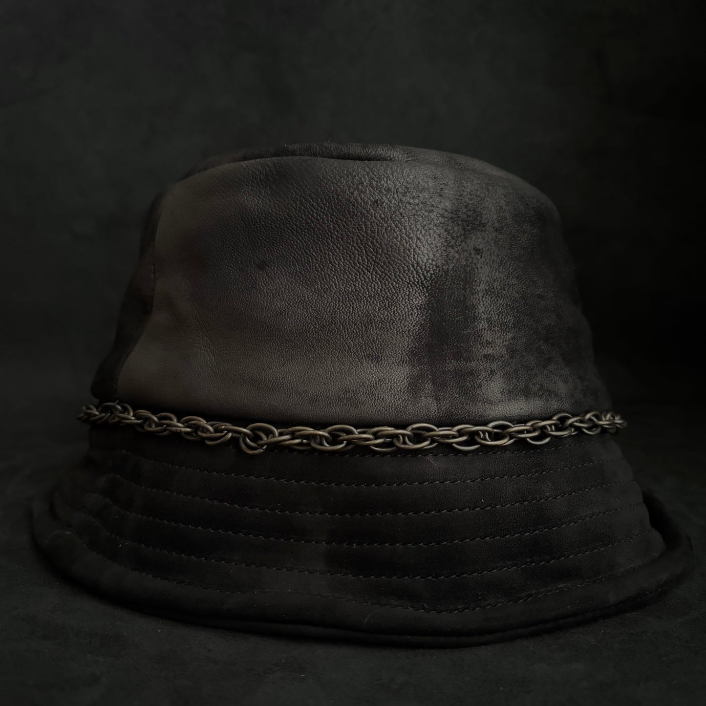 Scraped black leather chain bucket hat