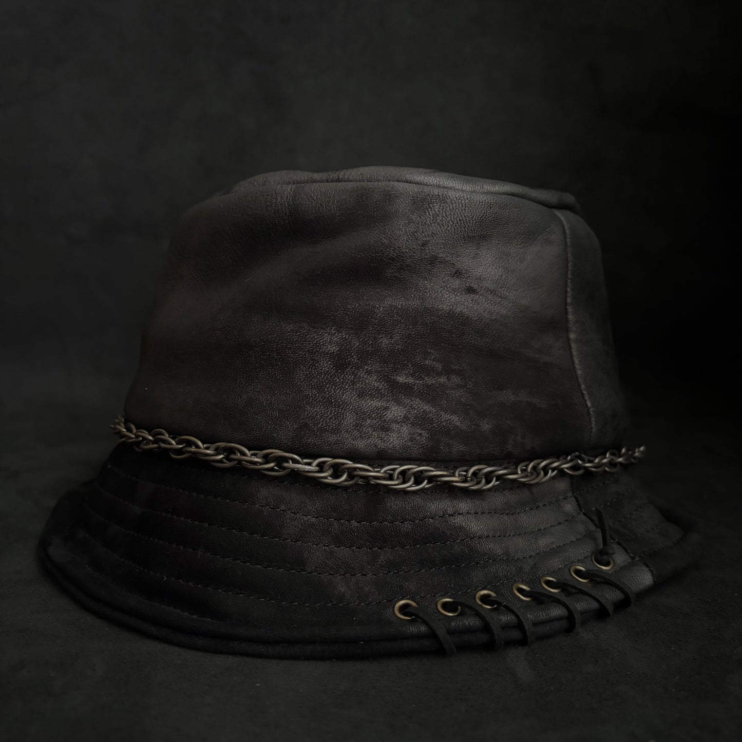 Scraped black leather chain bucket hat