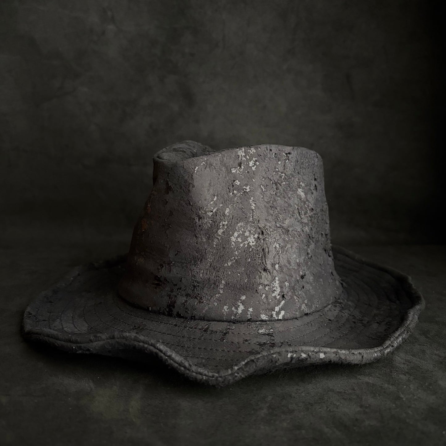 Messy paint black leather fedora hat