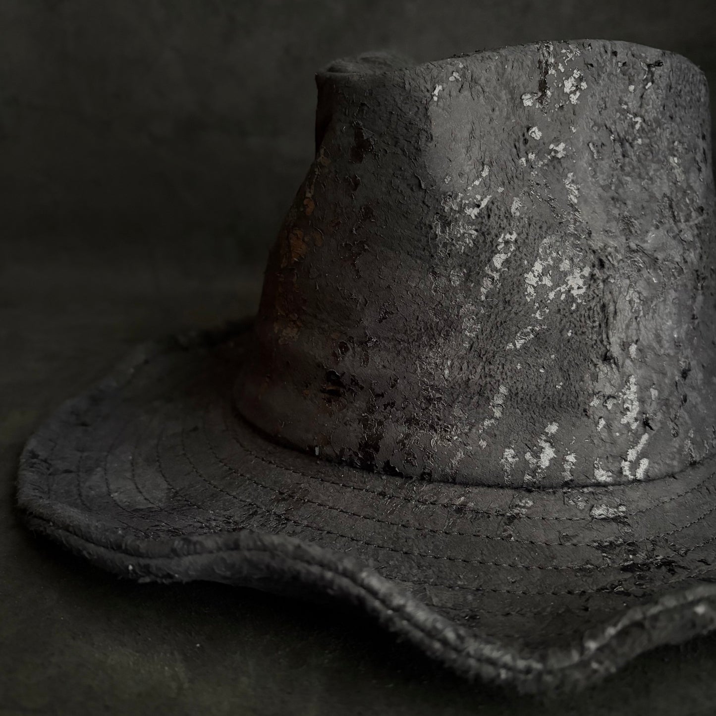 Messy paint black leather fedora hat