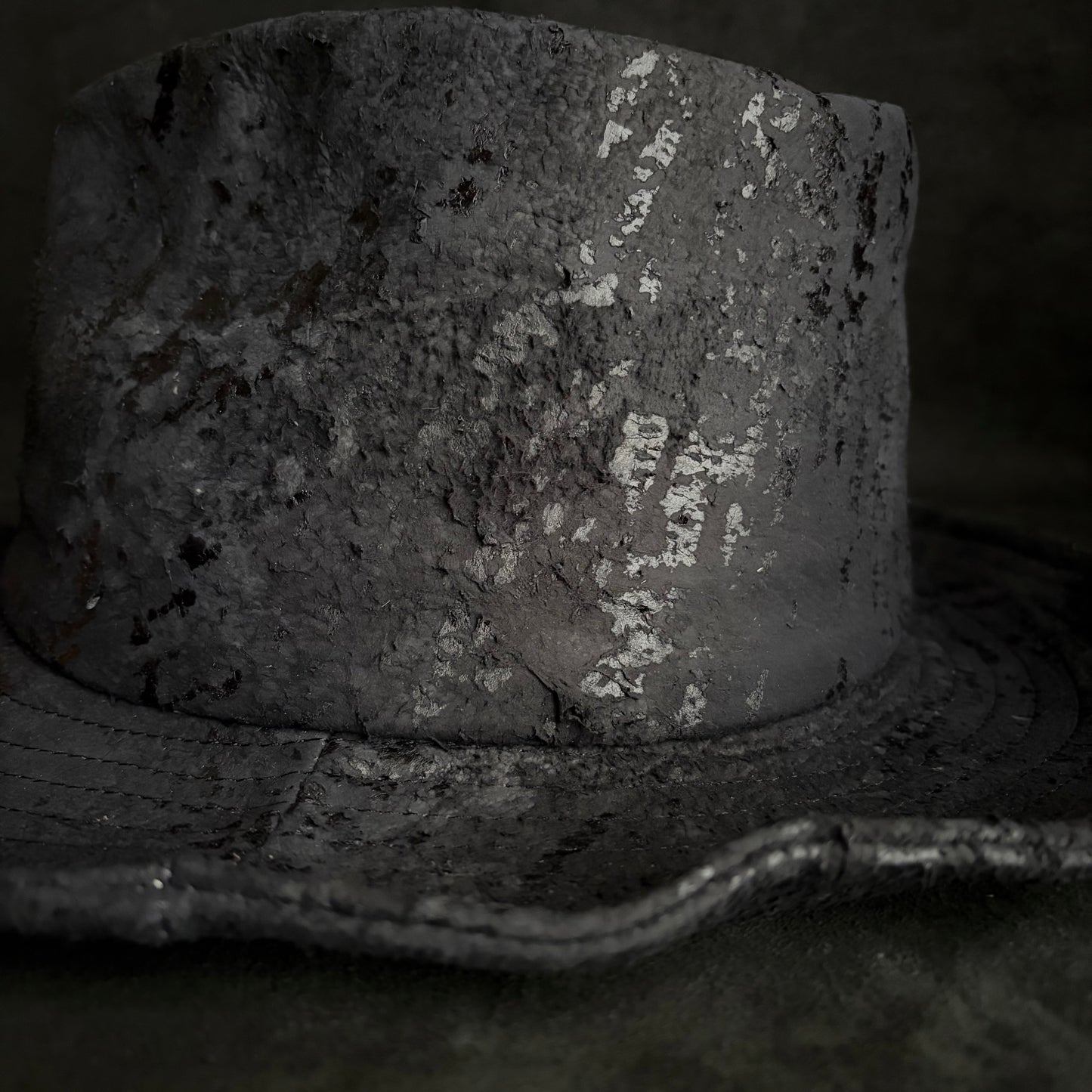 Messy paint black leather fedora hat