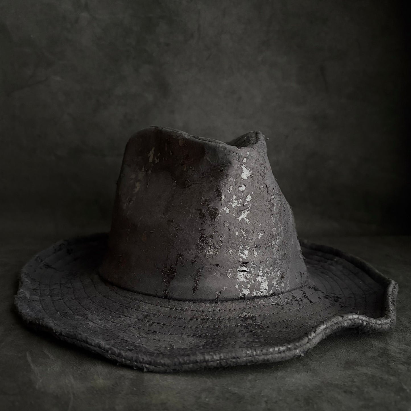 Messy paint black leather fedora hat