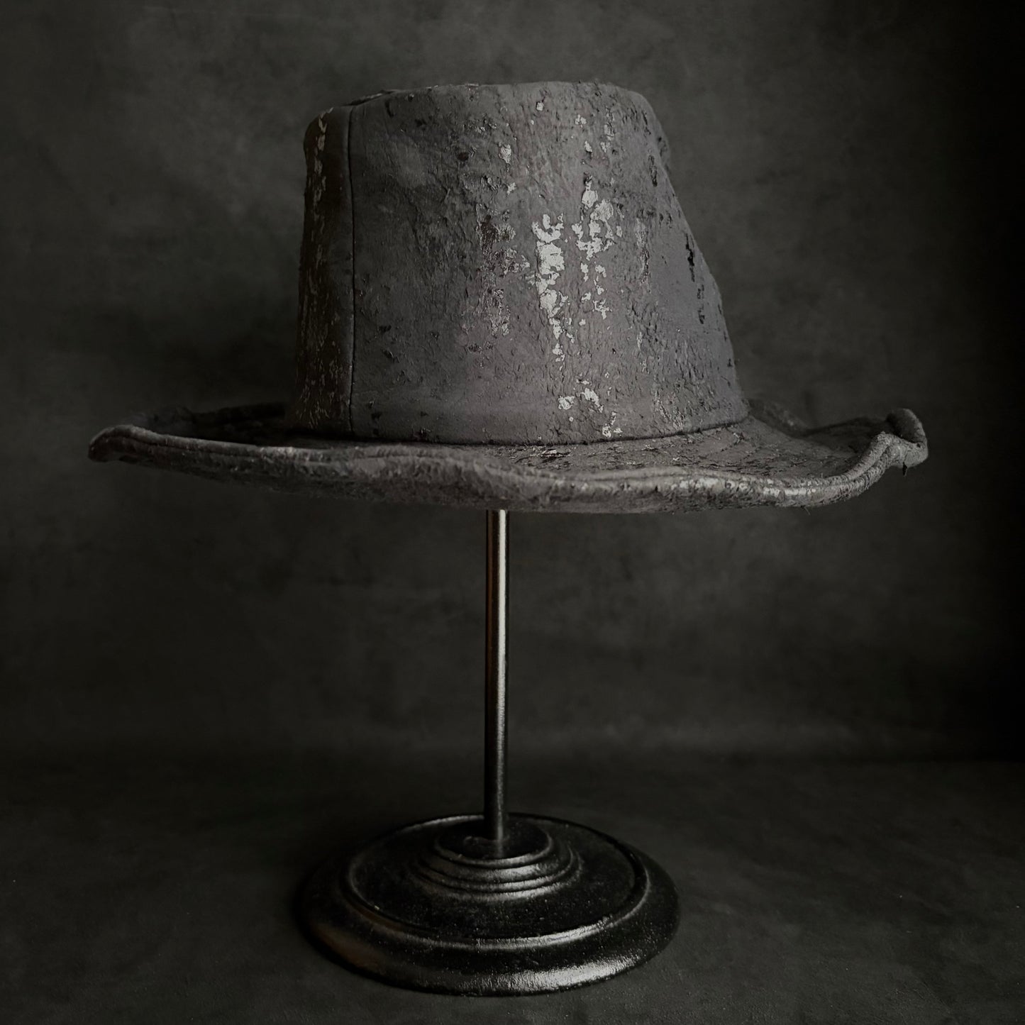 Messy paint black leather fedora hat