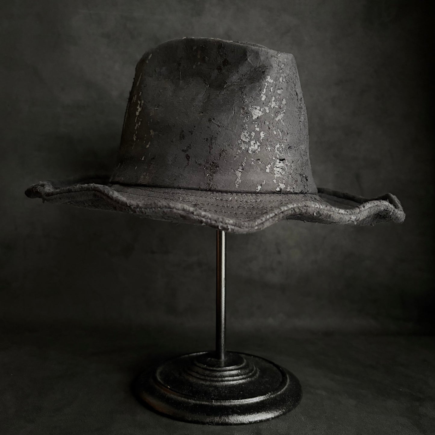 Messy paint black leather fedora hat