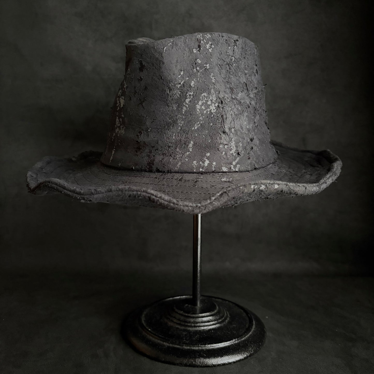 Messy paint black leather fedora hat