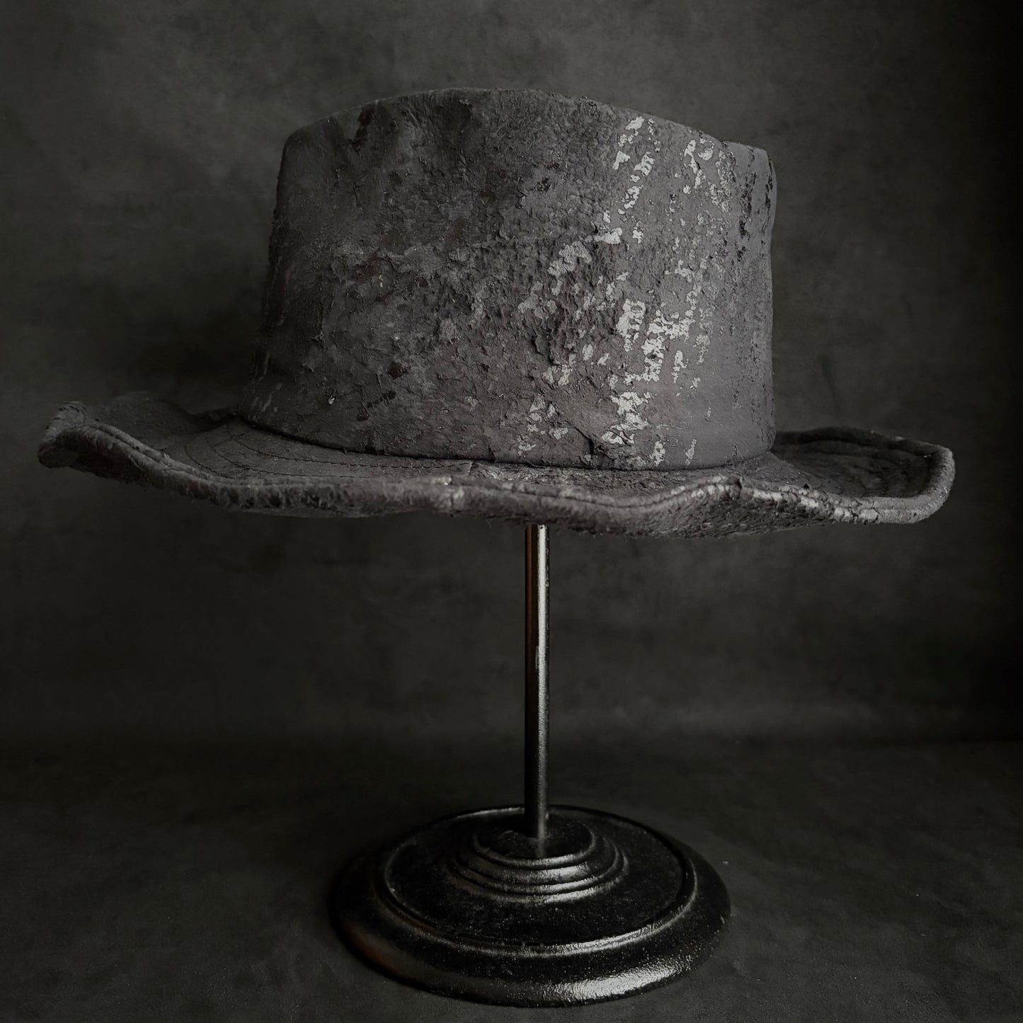 Messy paint black leather fedora hat