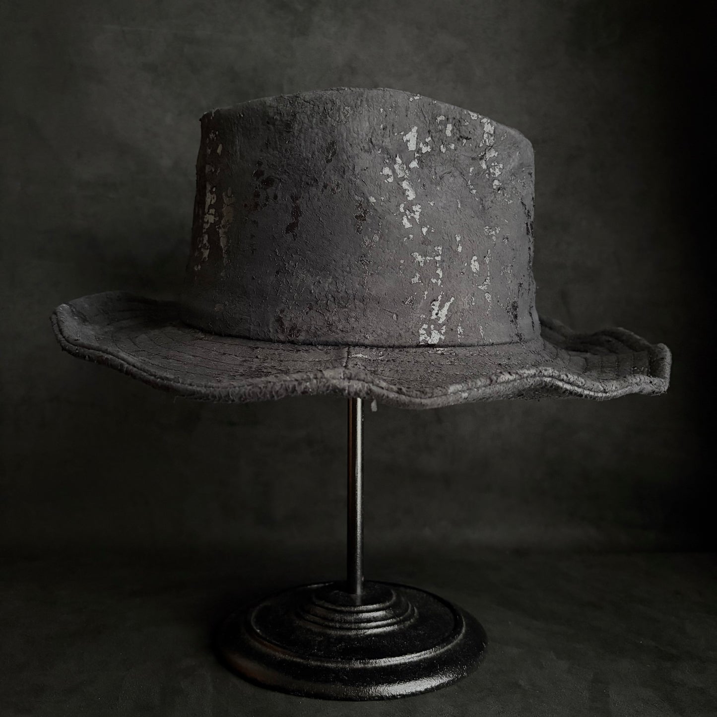 Messy paint black leather fedora hat