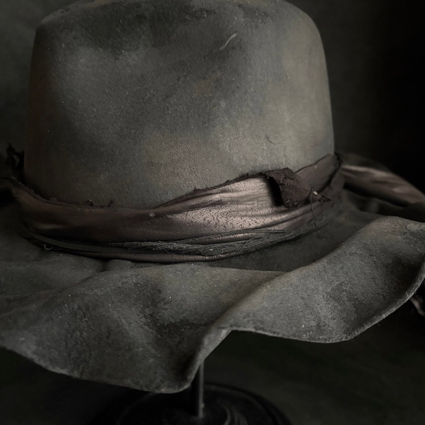 Charcoal foldable brim hang back leather fedora hat