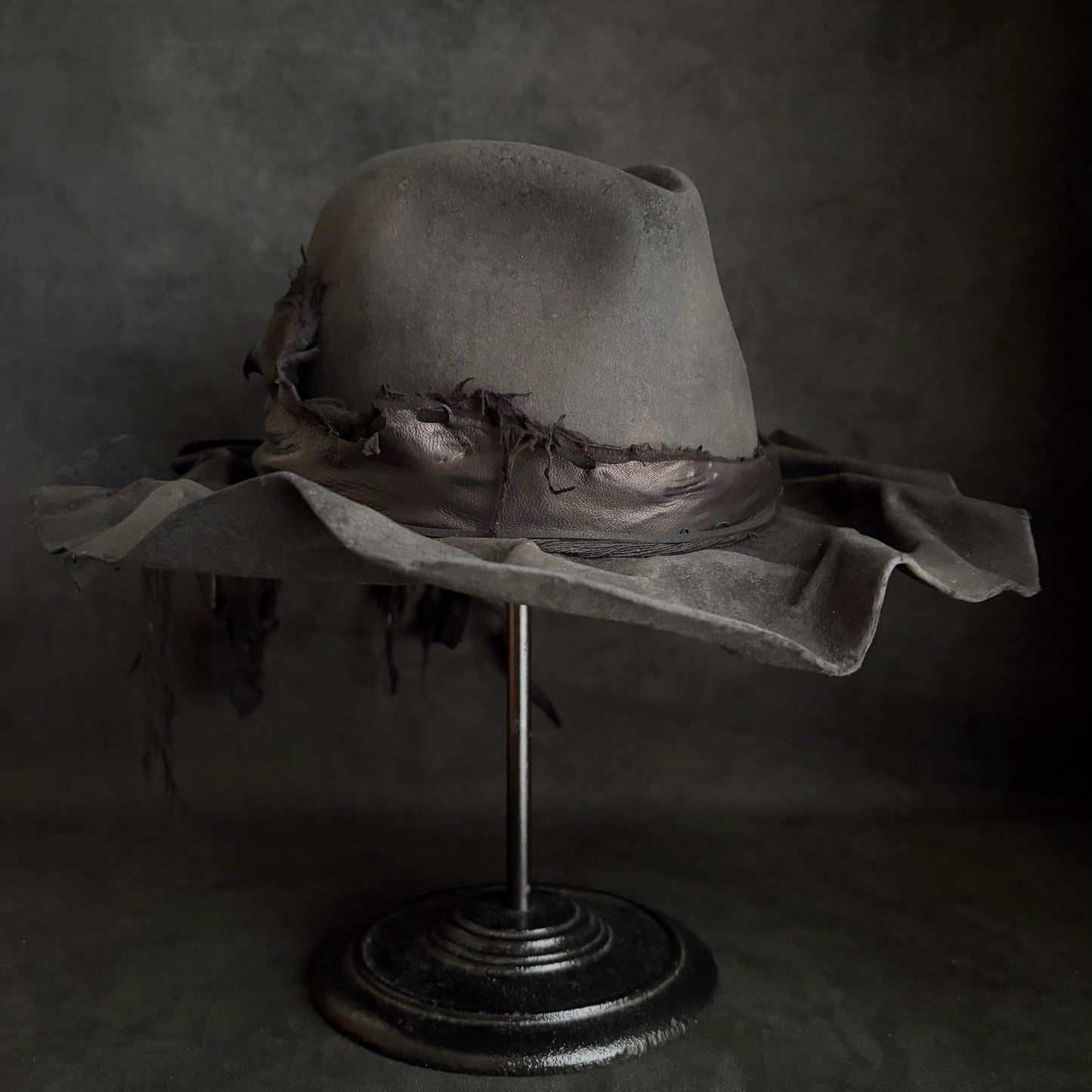 Charcoal foldable brim hang back leather fedora hat
