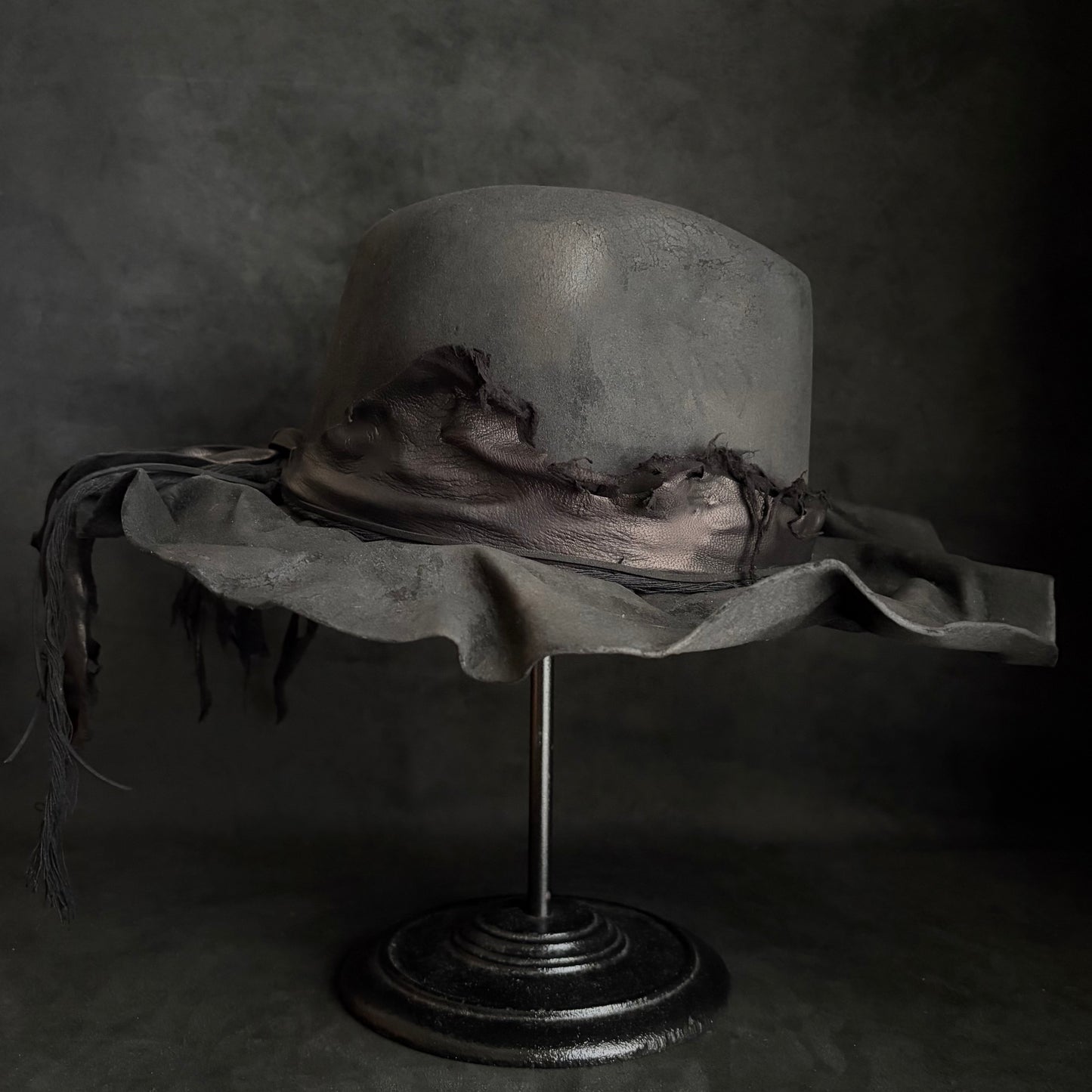 Charcoal foldable brim hang back leather fedora hat