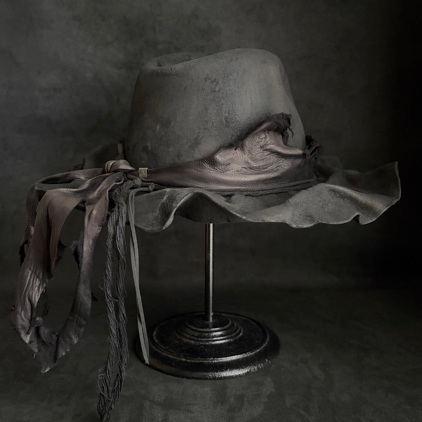 Charcoal foldable brim hang back leather fedora hat