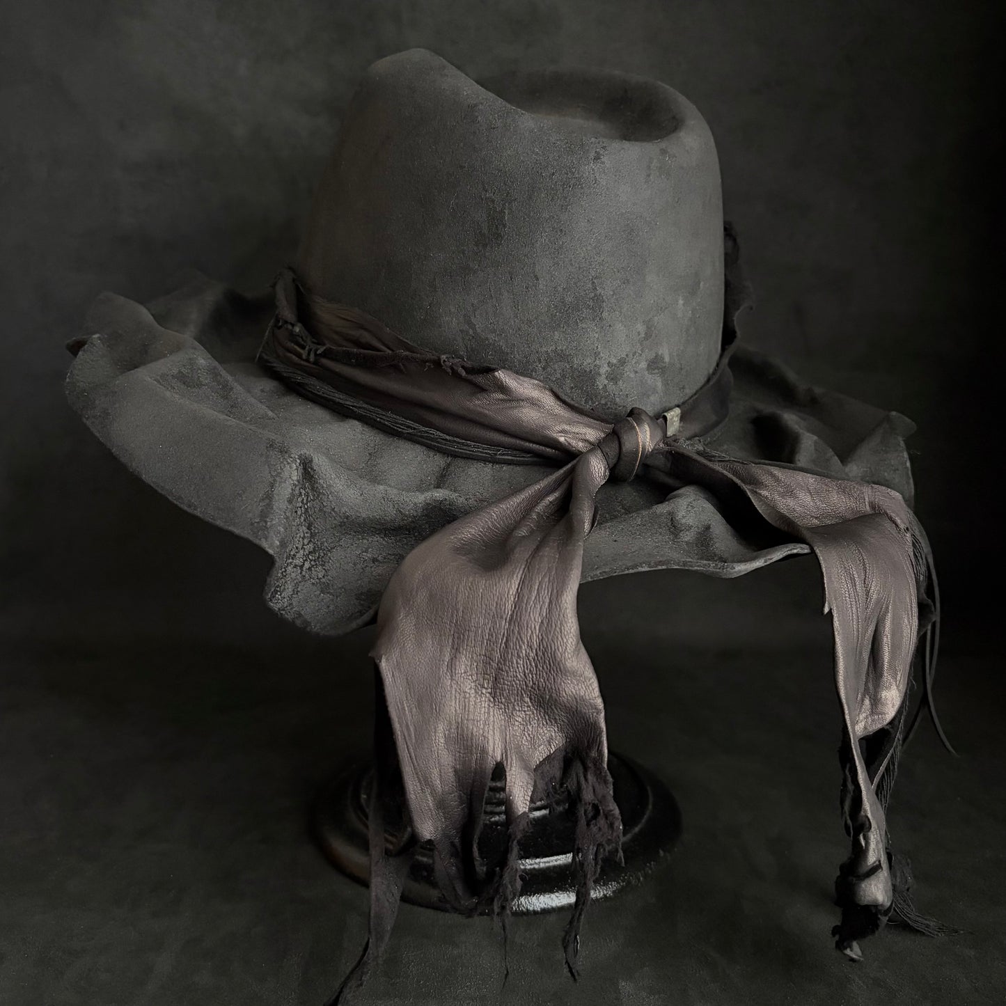 Charcoal foldable brim hang back leather fedora hat