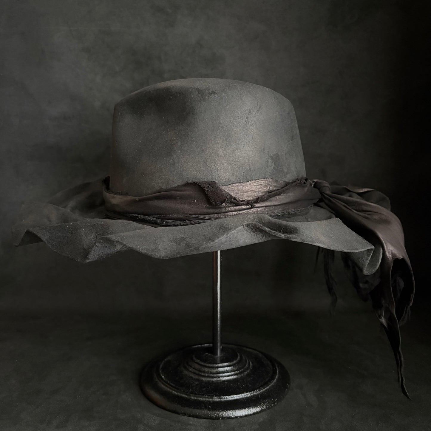 Charcoal foldable brim hang back leather fedora hat