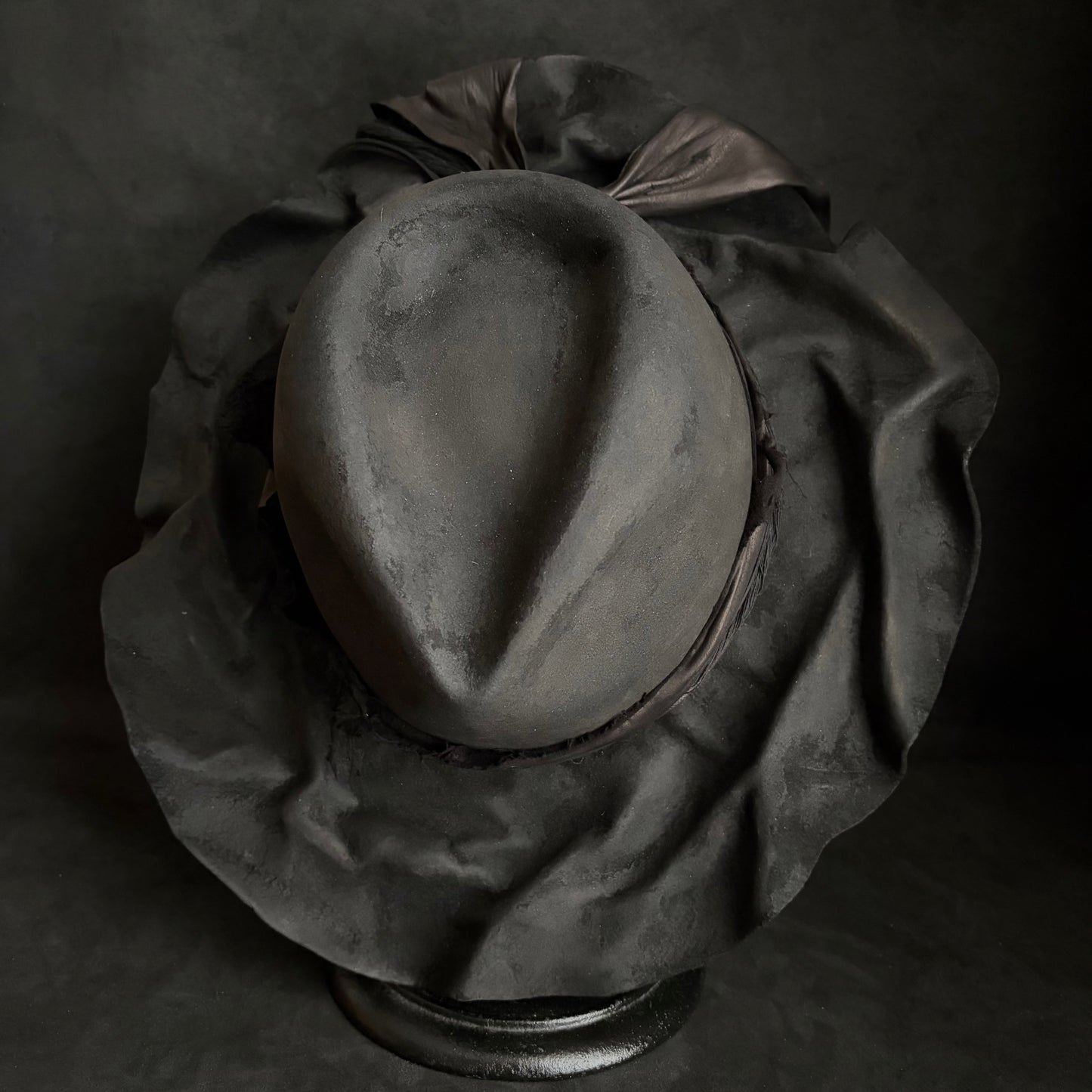 Charcoal foldable brim hang back leather fedora hat