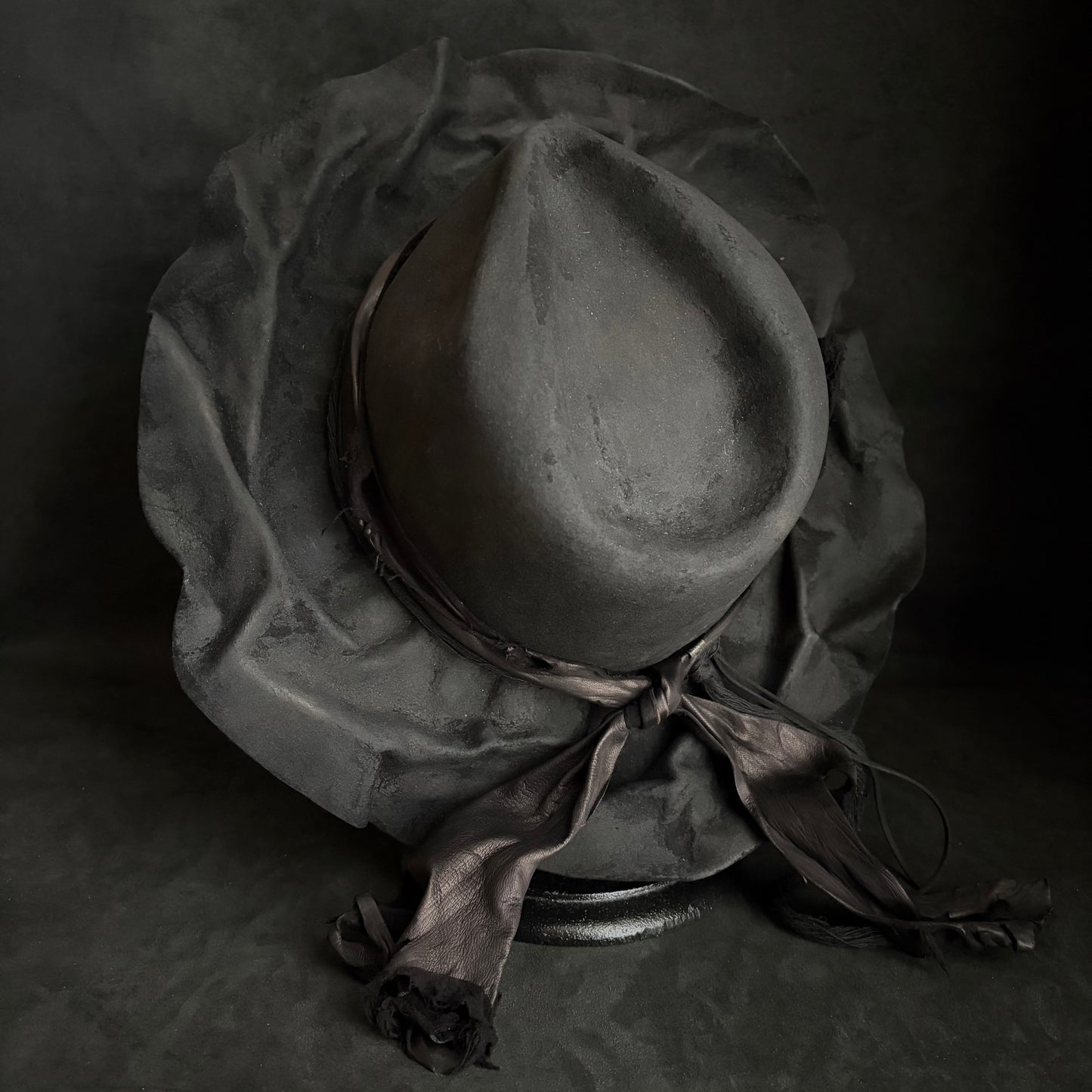 Charcoal foldable brim hang back leather fedora hat