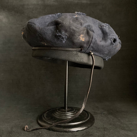 Navy linen leather strap beret