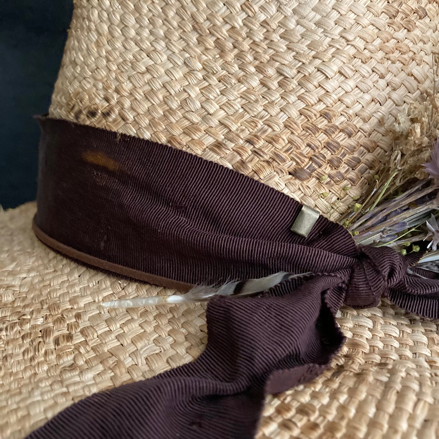 Burnt natural raffia fedora hat