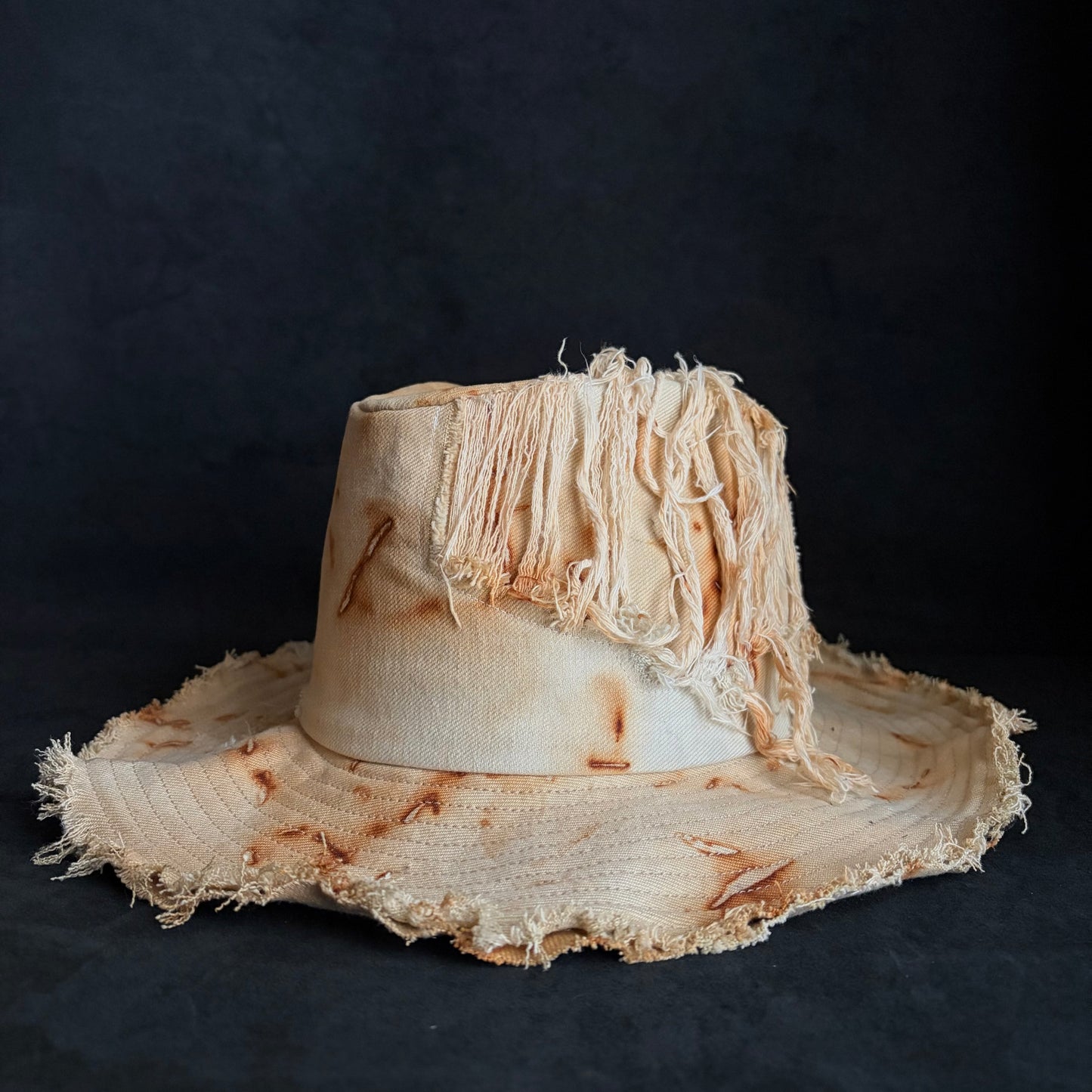 Rust dyed bleach denim fedora hat