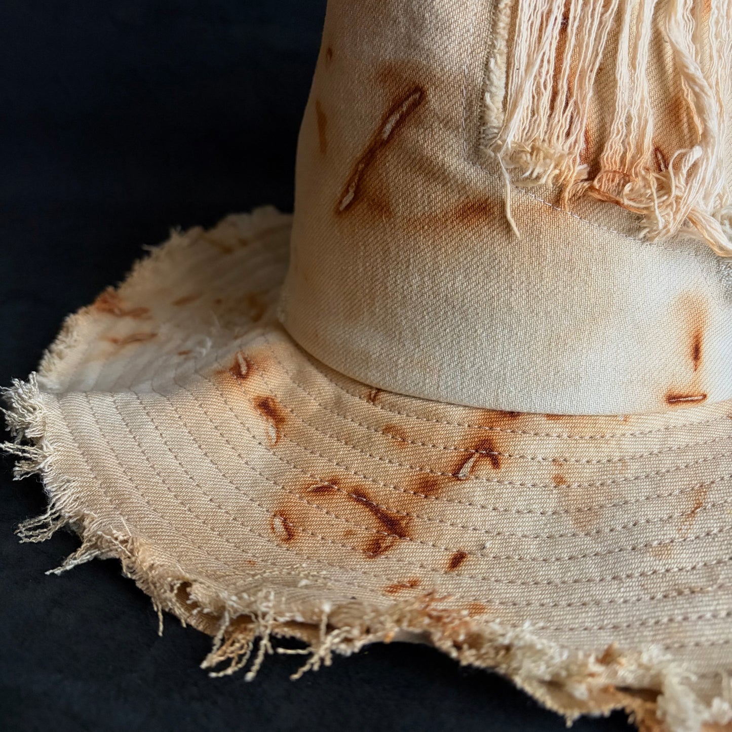 Rust dyed bleach denim fedora hat