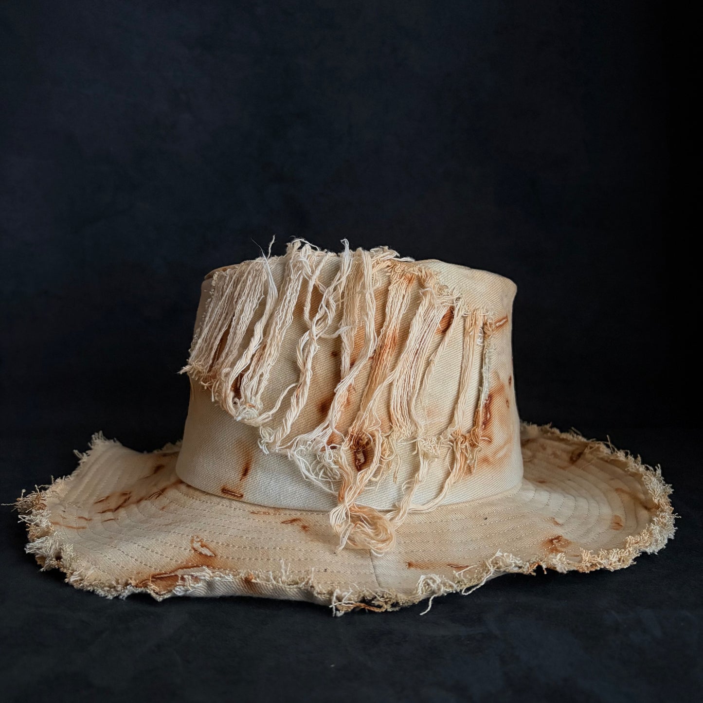 Rust dyed bleach denim fedora hat