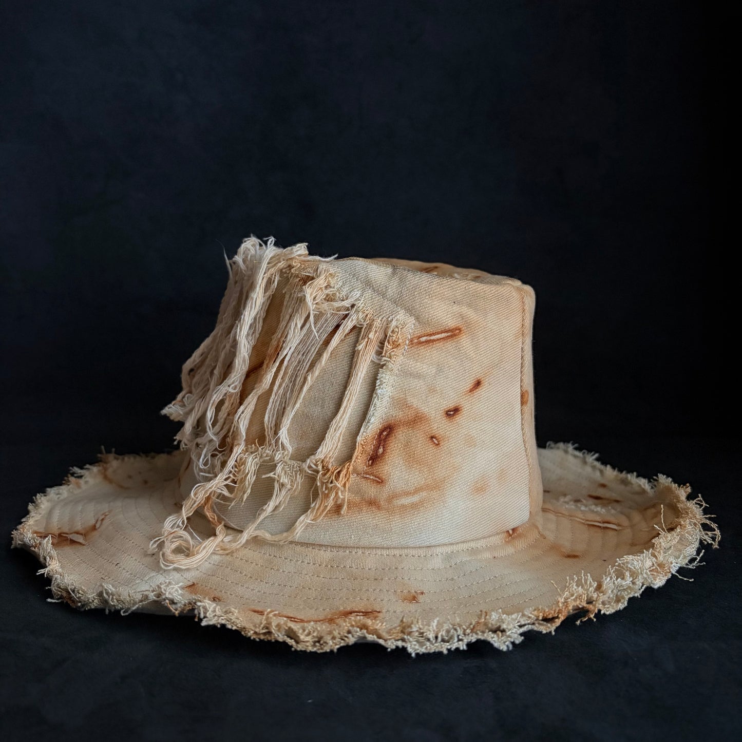 Rust dyed bleach denim fedora hat