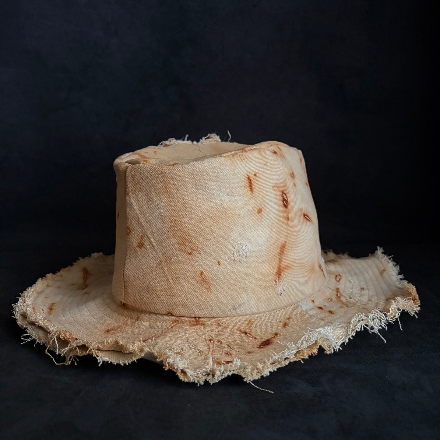 Rust dyed bleach denim fedora hat