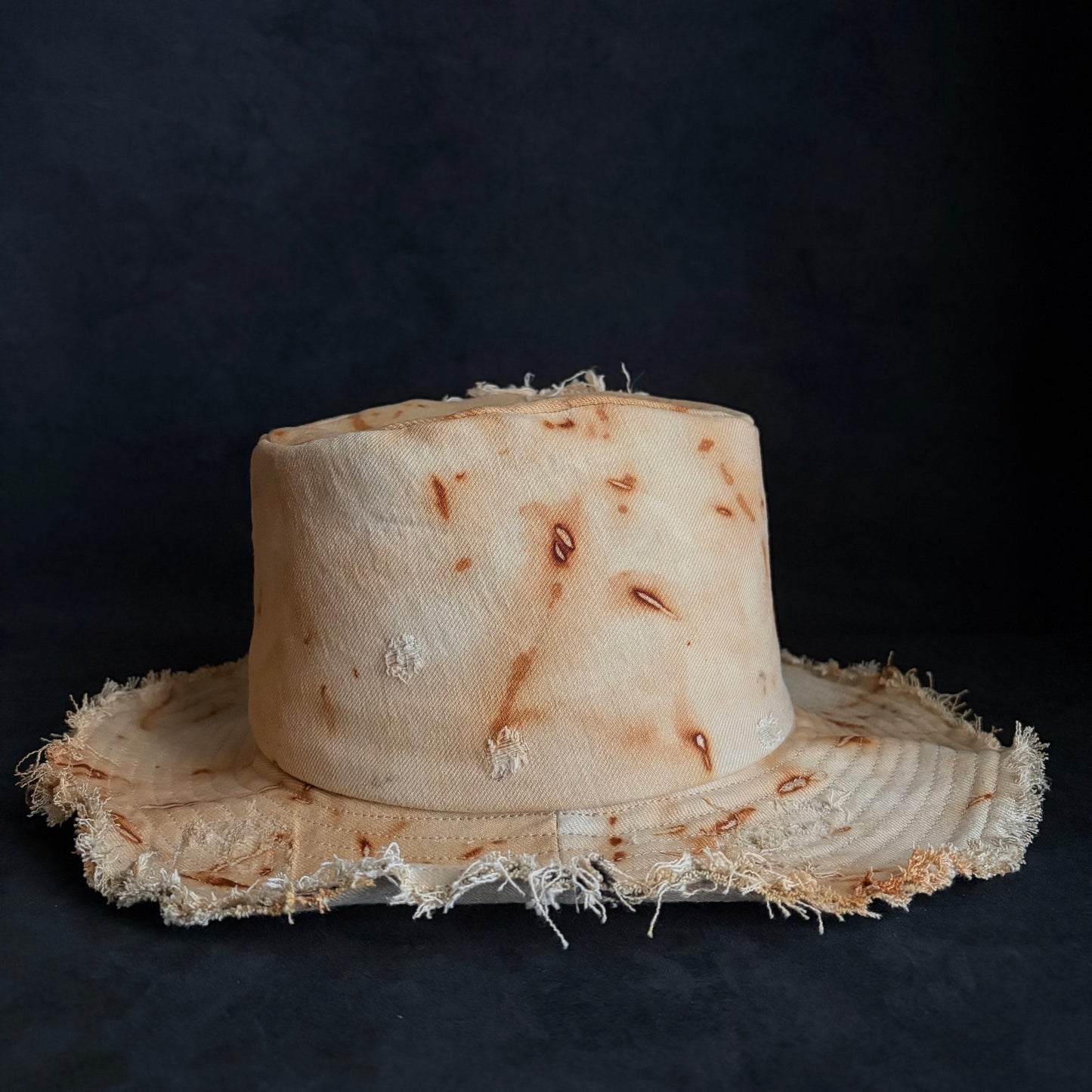 Rust dyed bleach denim fedora hat