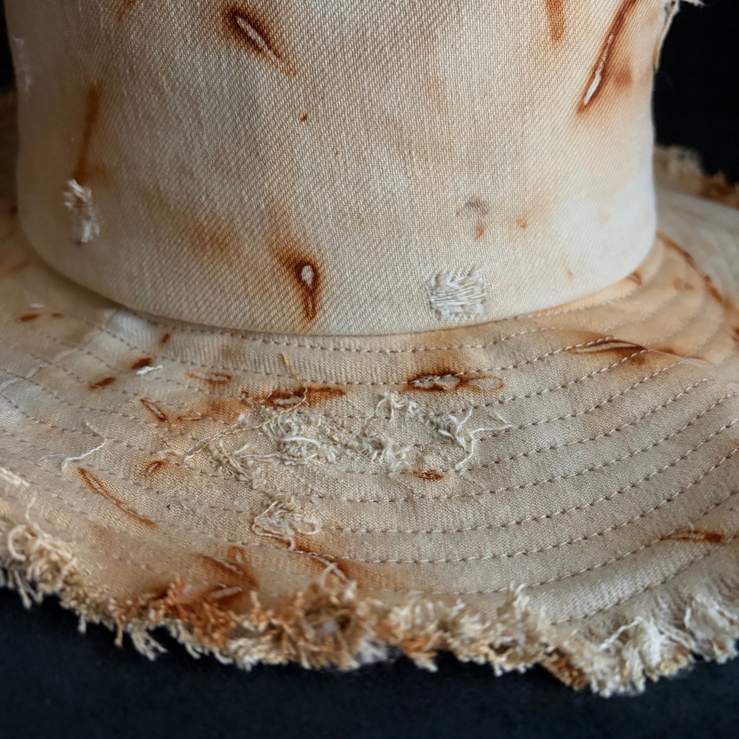 Rust dyed bleach denim fedora hat