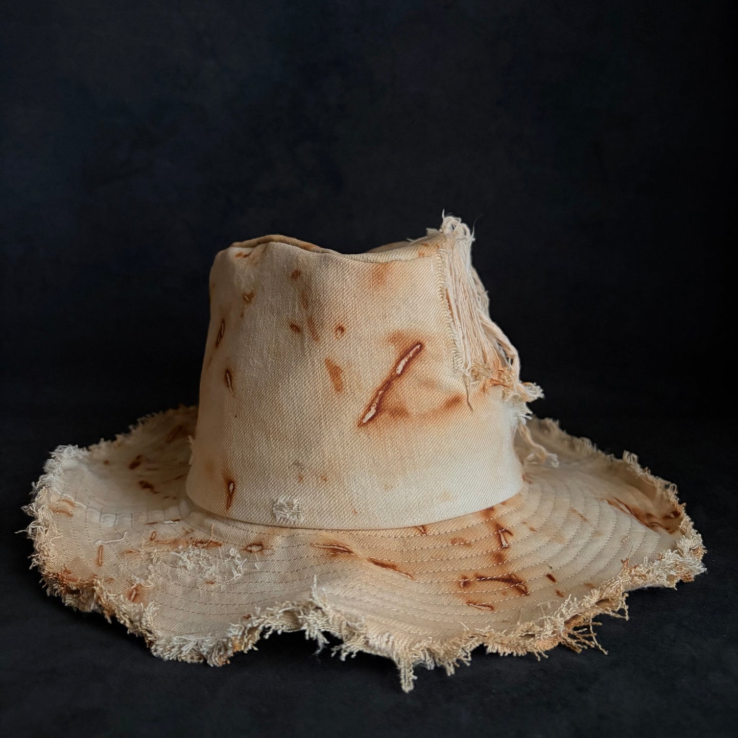 Rust dyed bleach denim fedora hat