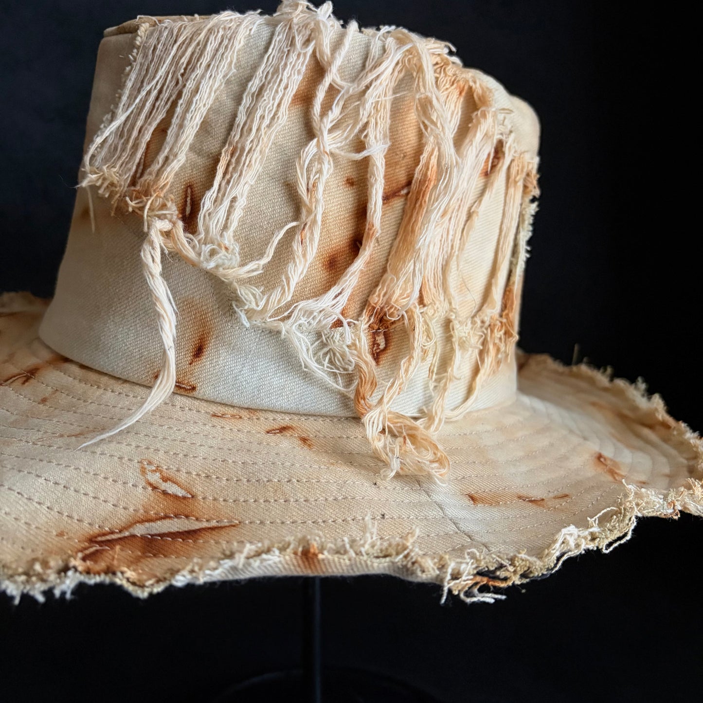 Rust dyed bleach denim fedora hat