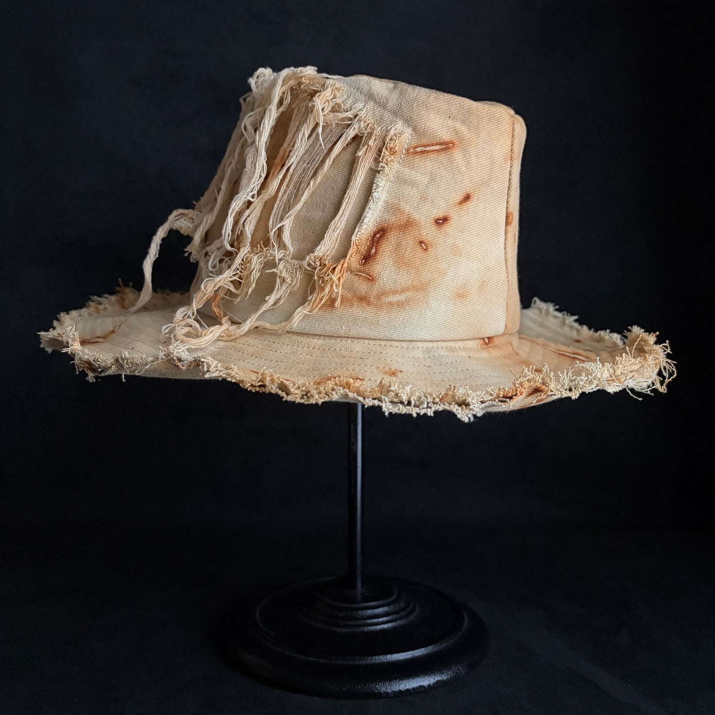 Rust dyed bleach denim fedora hat