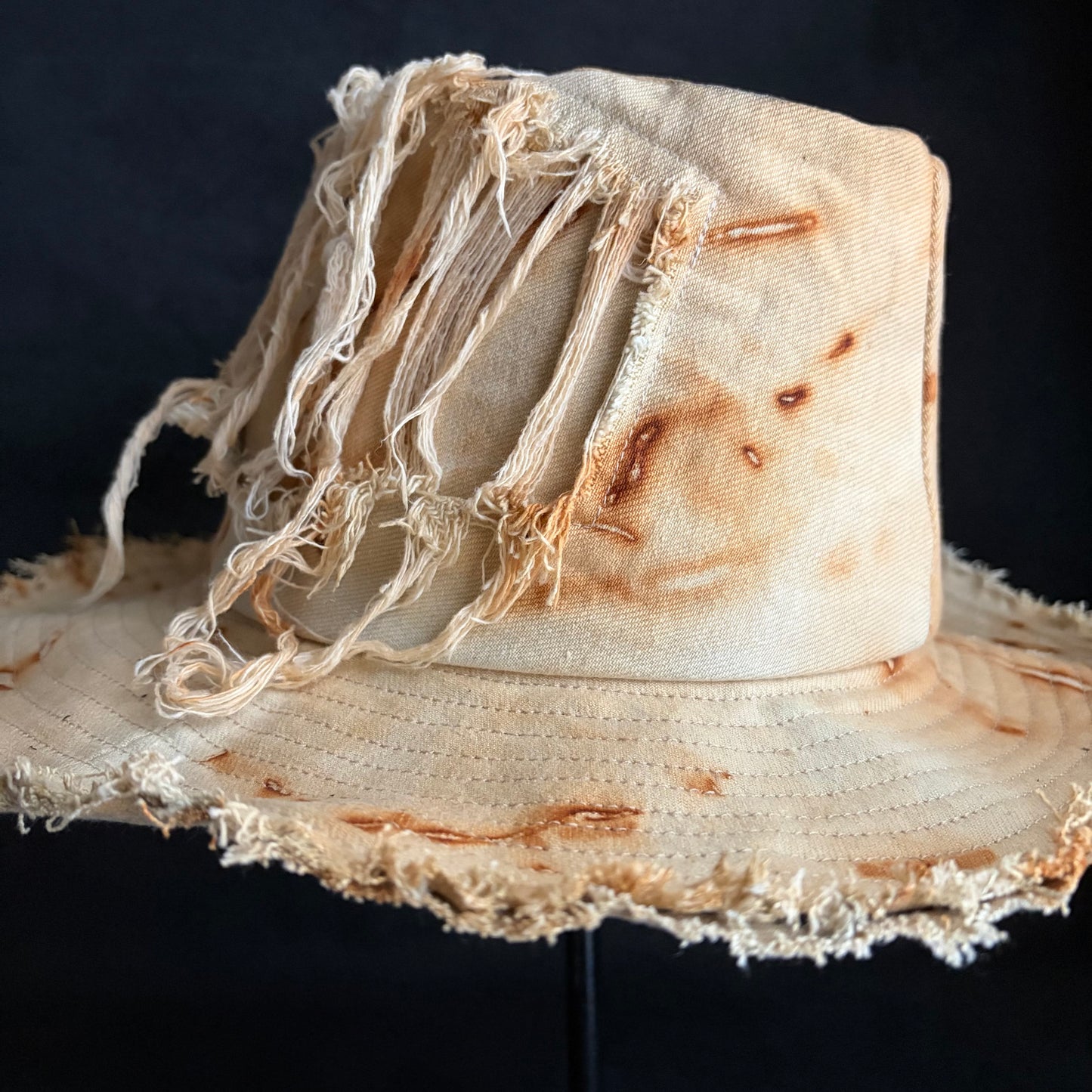 Rust dyed bleach denim fedora hat