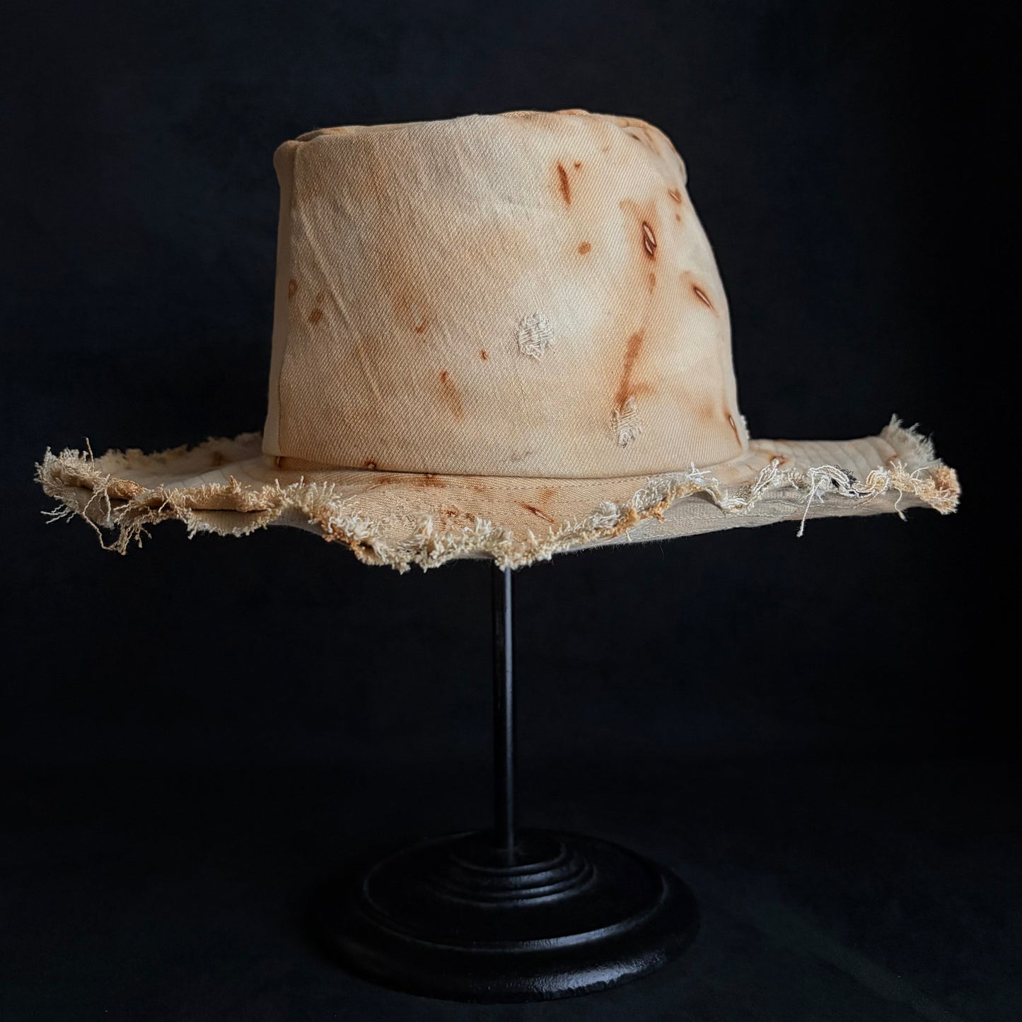 Rust dyed bleach denim fedora hat
