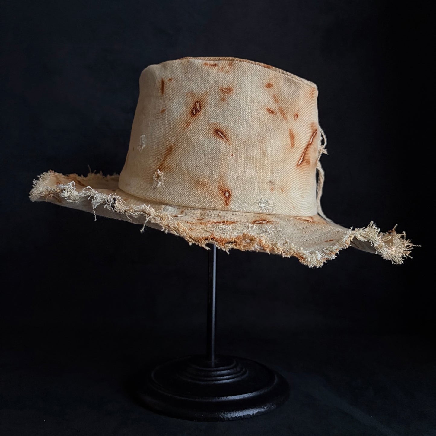 Rust dyed bleach denim fedora hat
