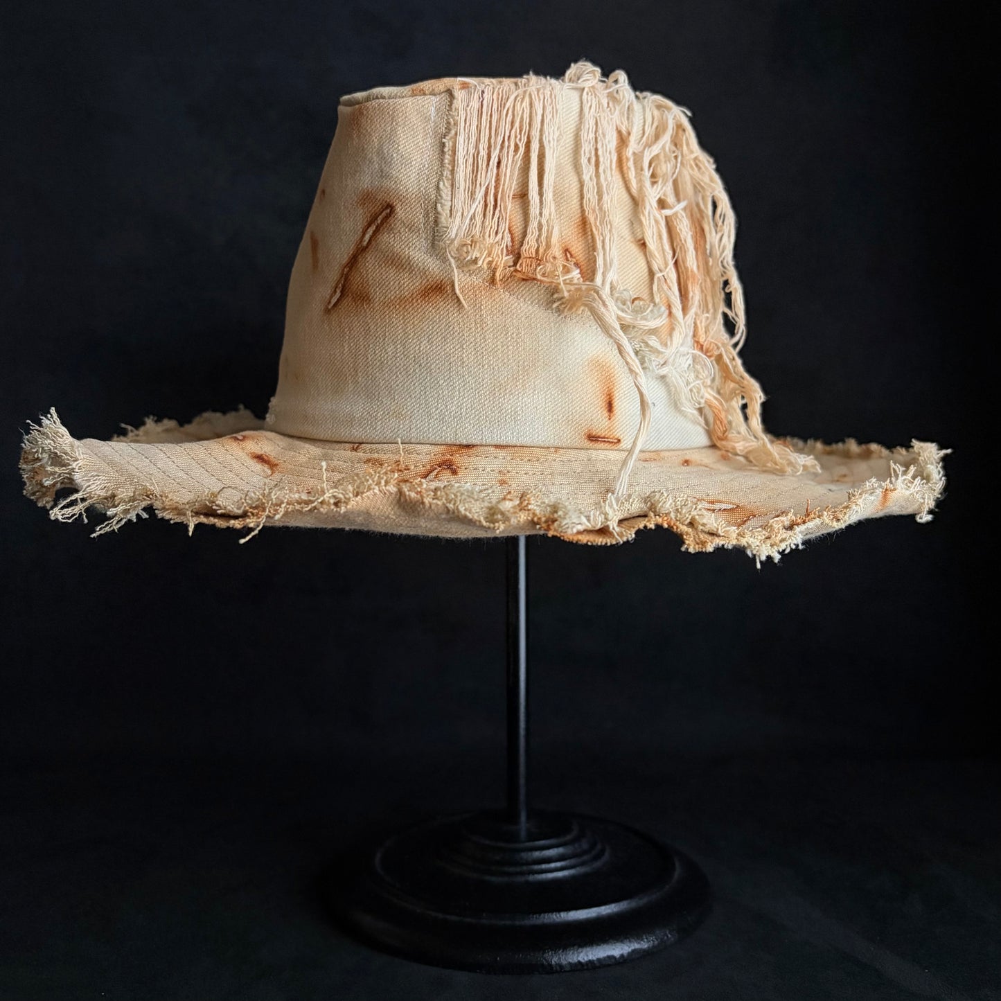 Rust dyed bleach denim fedora hat