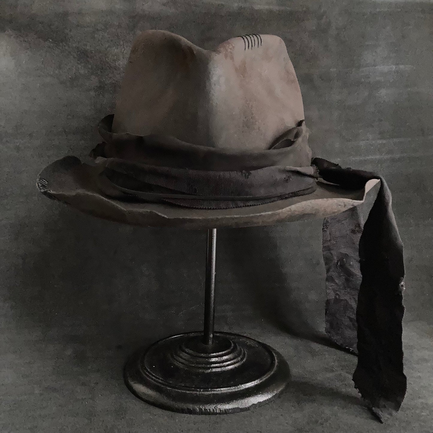 Charcoal black long ribbon fedora hat