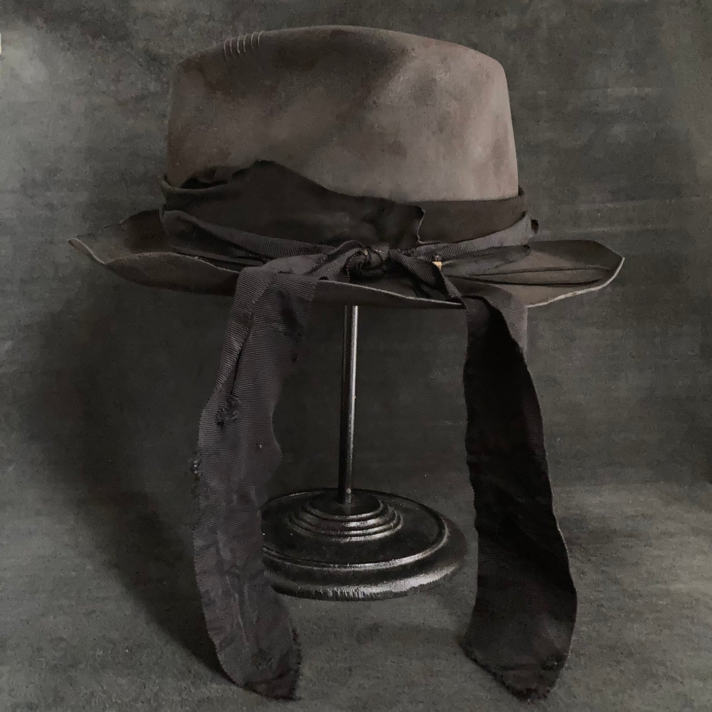 Charcoal black long ribbon fedora hat