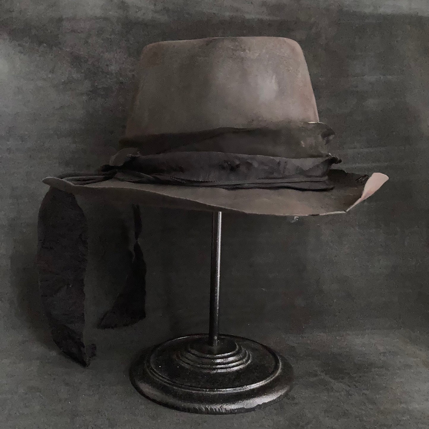 Charcoal black long ribbon fedora hat